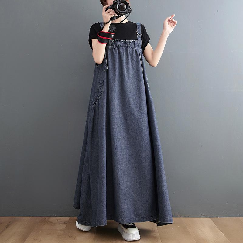 2024 Plus Size Women's Spring/Summer Denim Suspender Swing Dress