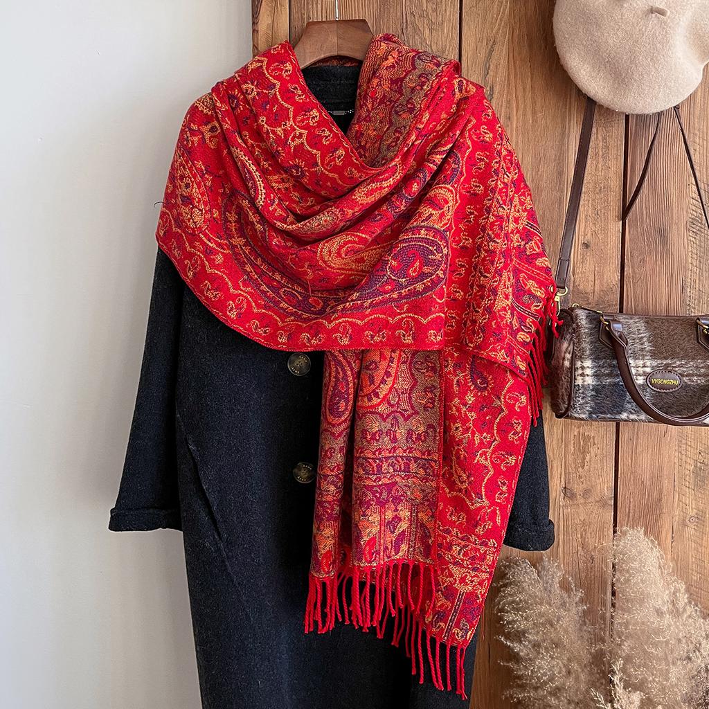 Scarf Women's Outer with Ethnic Style Imitation Cashmere Shawl Desert Seaside Travel Warm Cashew Flower Scarf Thin