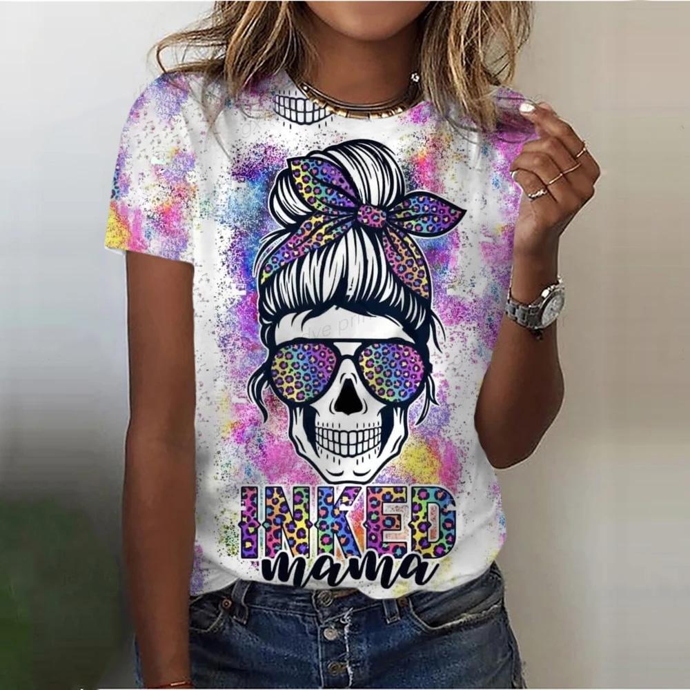 Summer Round Neck 3D Skull Pattern Printed Top Fashionable Casual Cute Short Sleeved Women's T-shirts