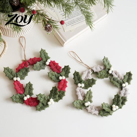 Festival Scene Ornament 8 Inch Felt Christmas Holly Wreath, Handmade Berry Hanging Wreath for Front Door, Winter Holiday Wall Window Decor