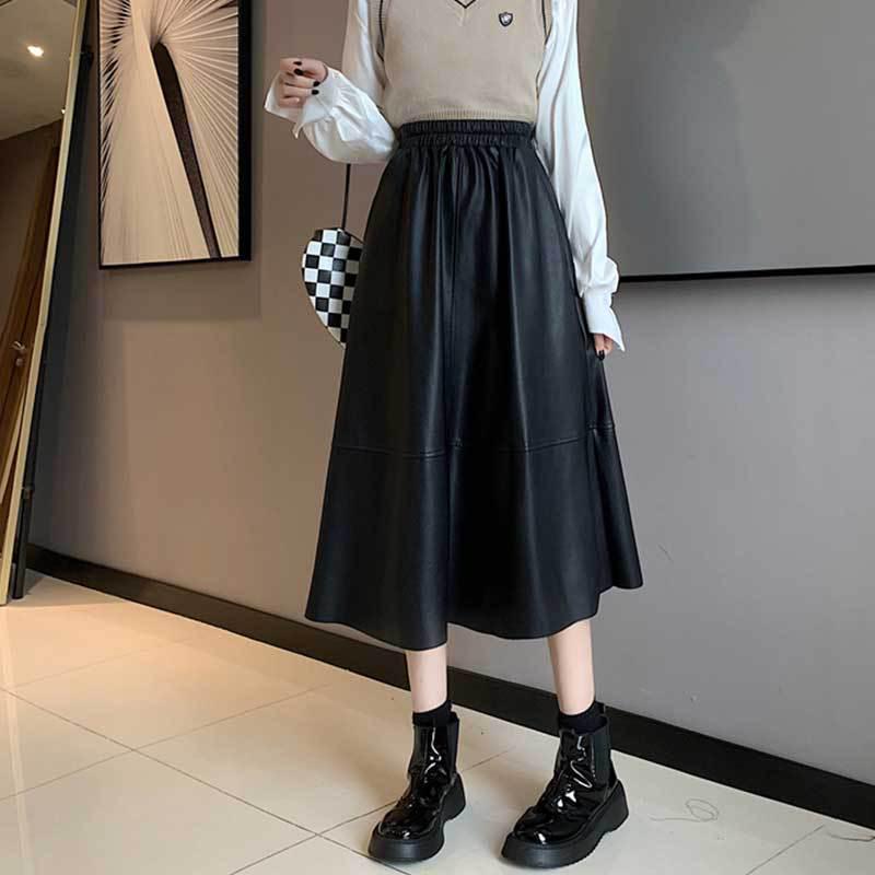 2024 High Waist A-line Leather Midi Skirt for Women - Autumn/Winter Slimming Umbrella Skirt