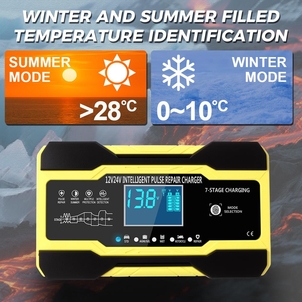 12V/ 24V Full Automatic Car Battery Charger Wet Dry Lead Acid Battery Auto Moto Lead Digital Display Battery Charger Intelligent