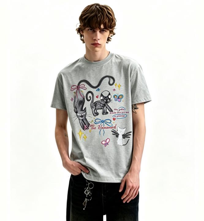 Футболка с принтом кошек, короткий рукав, унисекс, летняя, Yk Streetwear, круглый вырез, короткий рукав, свободная, хлопковая футболка, футболка унисекс