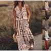 Women's Sleeveless Zippered V-neck Waisted Geometric Print Long Dress