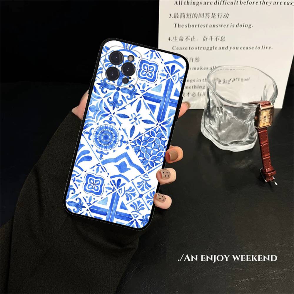 Portuguese Glazed Tiles Phone Case For IPhone 17 16 15 14 13 12 11 Pro Max Plus Mini Soft Black Cover