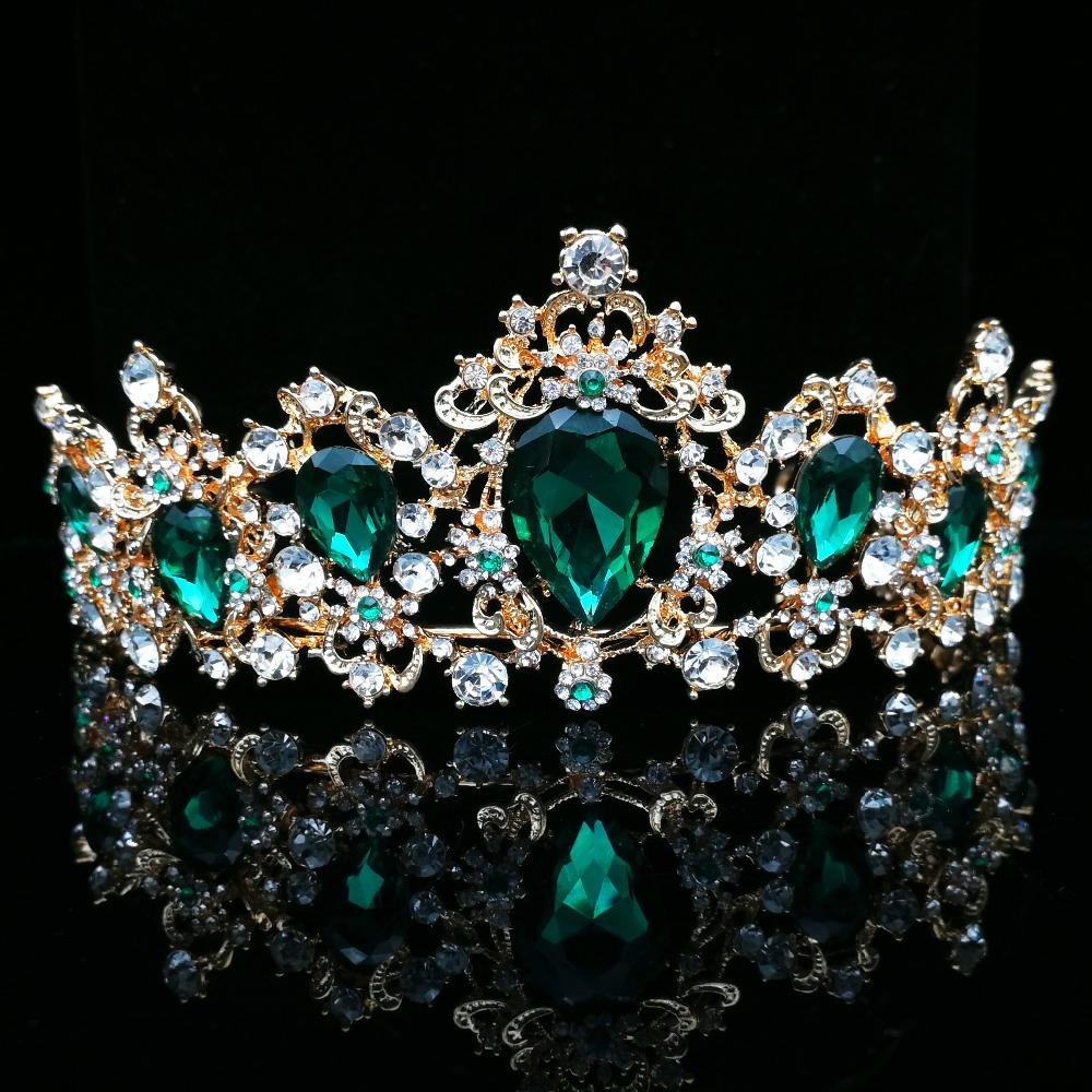 Baroque Vintage Green Royal Tiara Crowns Bride Blue Red Queen Crown Gold Bridal Headband Wedding Tiara For Women Hair Jewelry