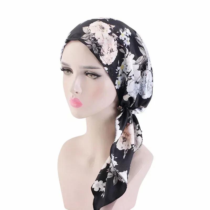 New Shimmer Pre-Tied Hat Women Muslim Hijab Turban Long Tail Headscarf Beanies Bonnet Hair Loss Chemo Cap Head Wrap Bandanas