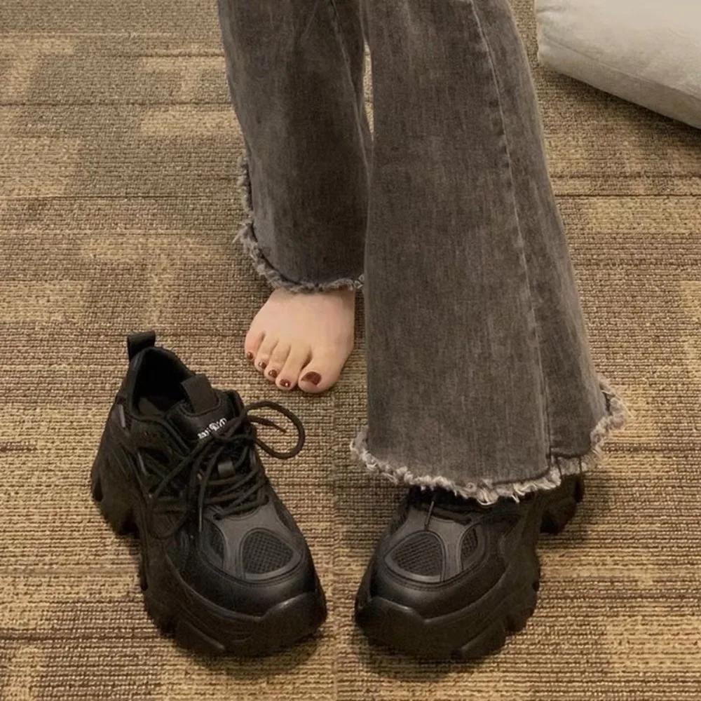 Осень лето черный повседневный женская мода платформа спортивная обувь женские массивные кроссовки женские сетчатые кожаные платформа дизайнерские туфли