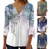 Women Summer Casual T-shirt V-neck Buttons Neckline 3/4 Sleeve Tops Pleated Floral Print Slim Fit Tee Shirt Streetwear