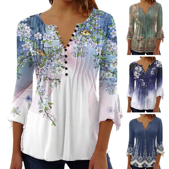 Women Summer Casual T-shirt V-neck Buttons Neckline 3/4 Sleeve Tops Pleated Floral Print Slim Fit Tee Shirt Streetwear