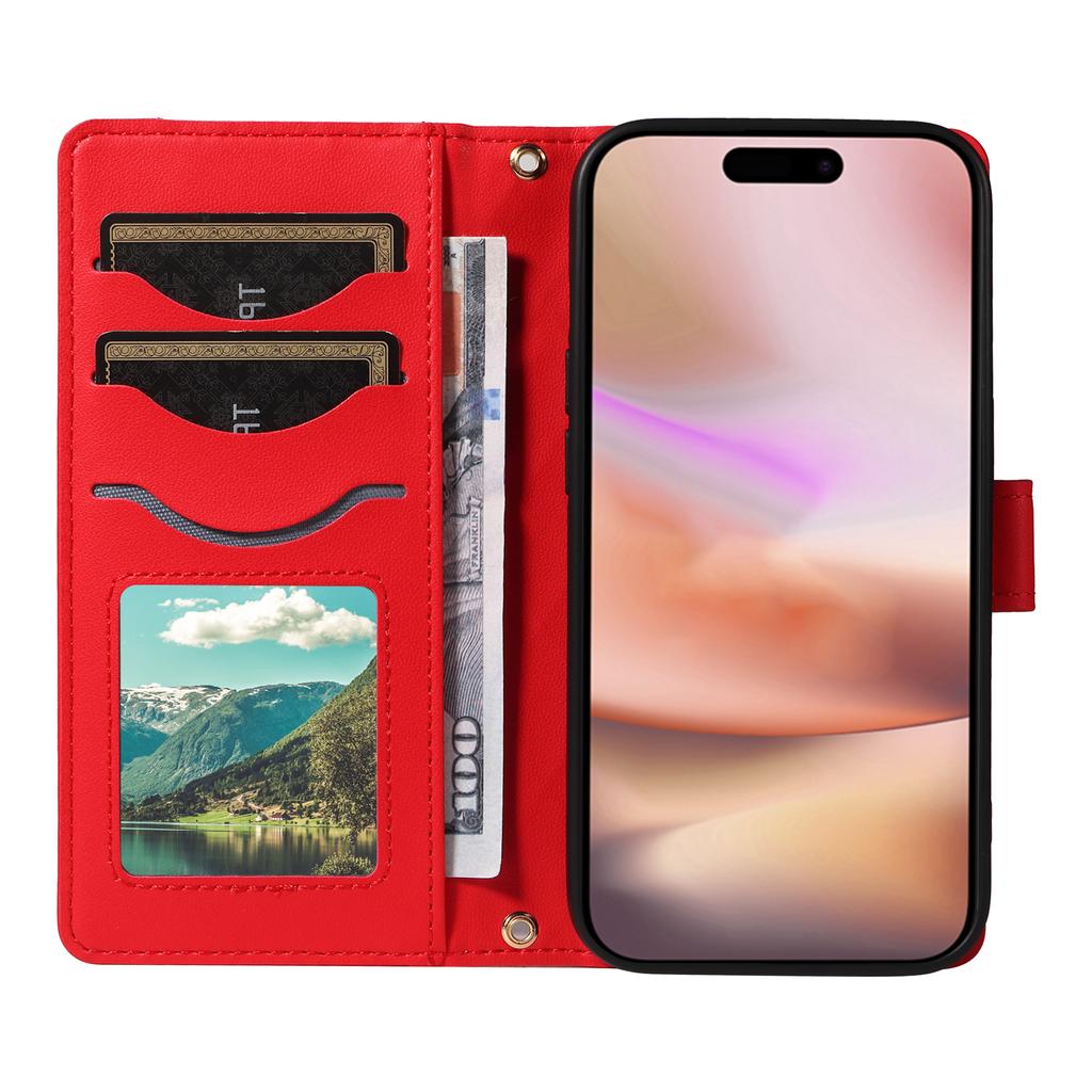 For iPhone 16 Case Wallet Quilted Leather Phone Cover with Shoulder Strap, Wrist Strap