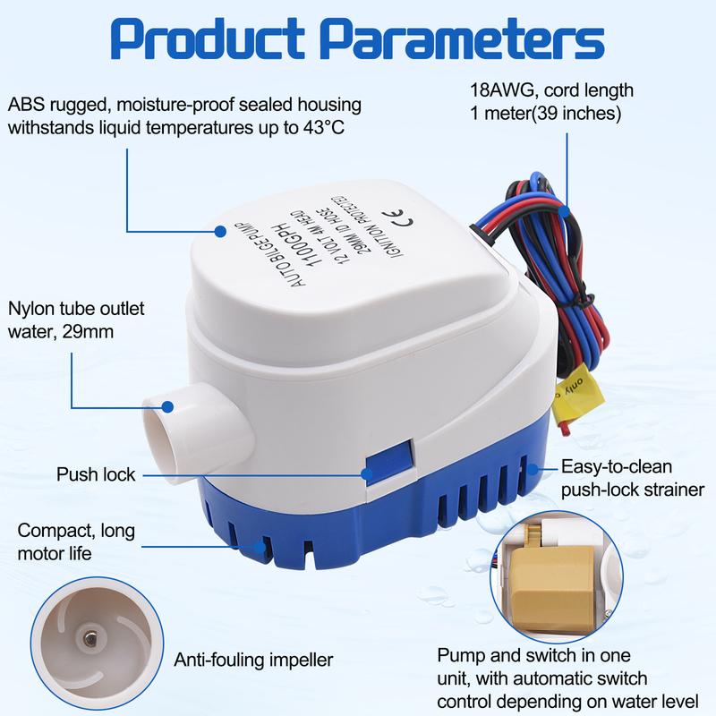 12V 1100GPH Bilge Pump Automatic Boat Bilge Pump 29mm Electric Submersible Bilge Pump Water Pump for Boats Marine Yachts