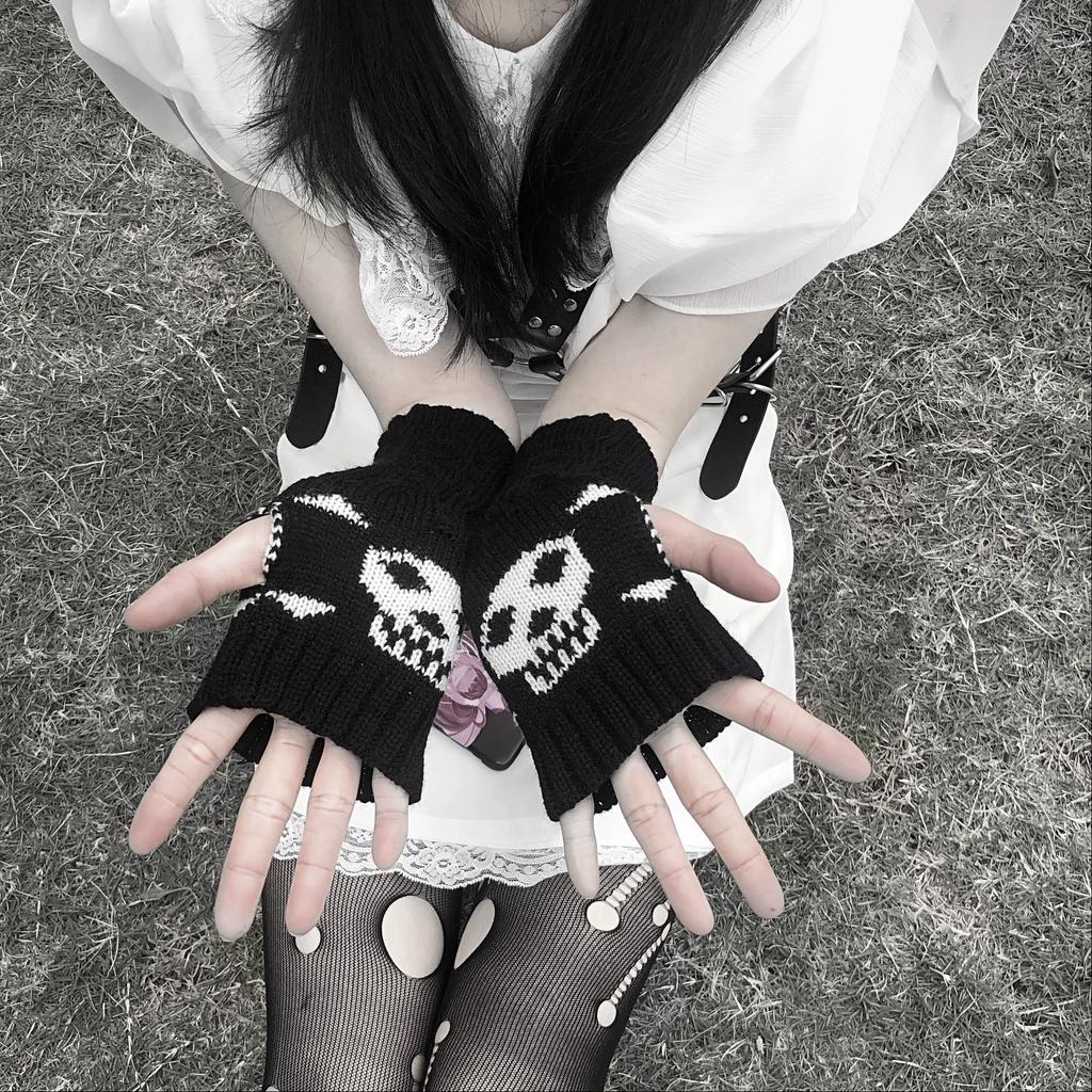 Y2K панк харадзюку скелет готические черные вязаные плиссированные перчатки в сочетании с рукавами для зимнего тепла
