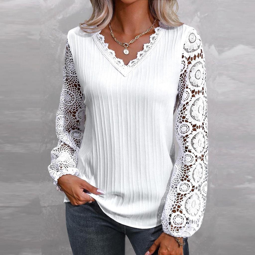 Women's Loose V-neck Lace Patchwork Long Sleeved Casual T-shirt Top