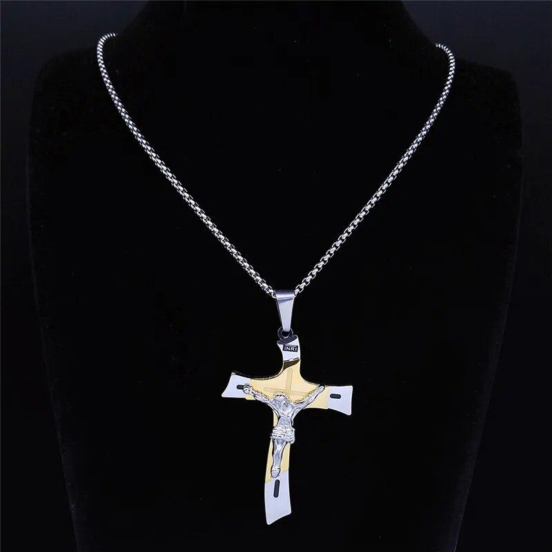 Cross Jesus Crucifix Stainless Steel Multilayer Pendant Necklace Gold Silver Color Male Necklace Jewelry Collier Homme NXH43S02