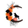Halloween Moon Crow Wreath for Front Door Gothic Twig Wreath with Artificial Flowers Pumpkin Dead Branches for Indoor Outdoor Home Wall Window Decor