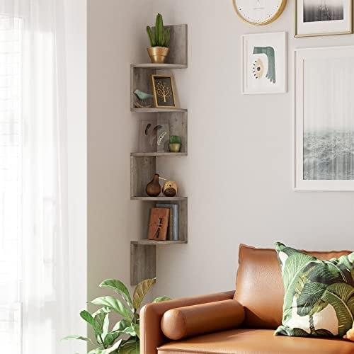 Corner Shelf, 5-Tier Floating Wall Shelf with Zigzag Pattern, Shelf, Gray