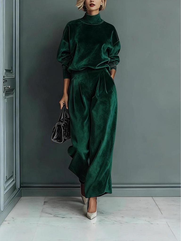 Женский двухпредметный комплект из золотистого бархата Осень/Зима 2025: Топ с длинным рукавом и брюки широкого кроя