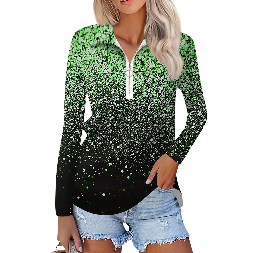 Women's Spring And Autumn Fashion Casual Printed Zipper V-Neck Long Sleeve Shirt Tops