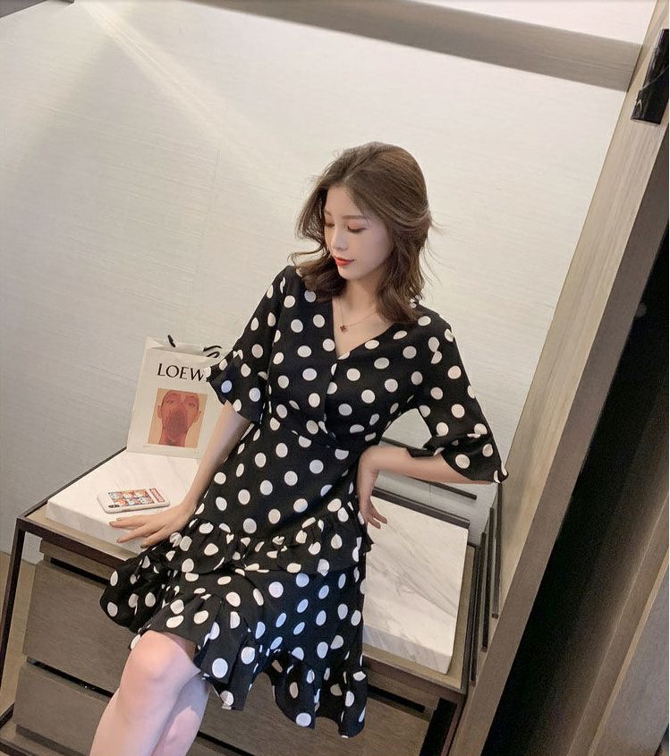 Summer new medium and long V-neck polka dot ruffle edge waist dress women's retro slim skirt