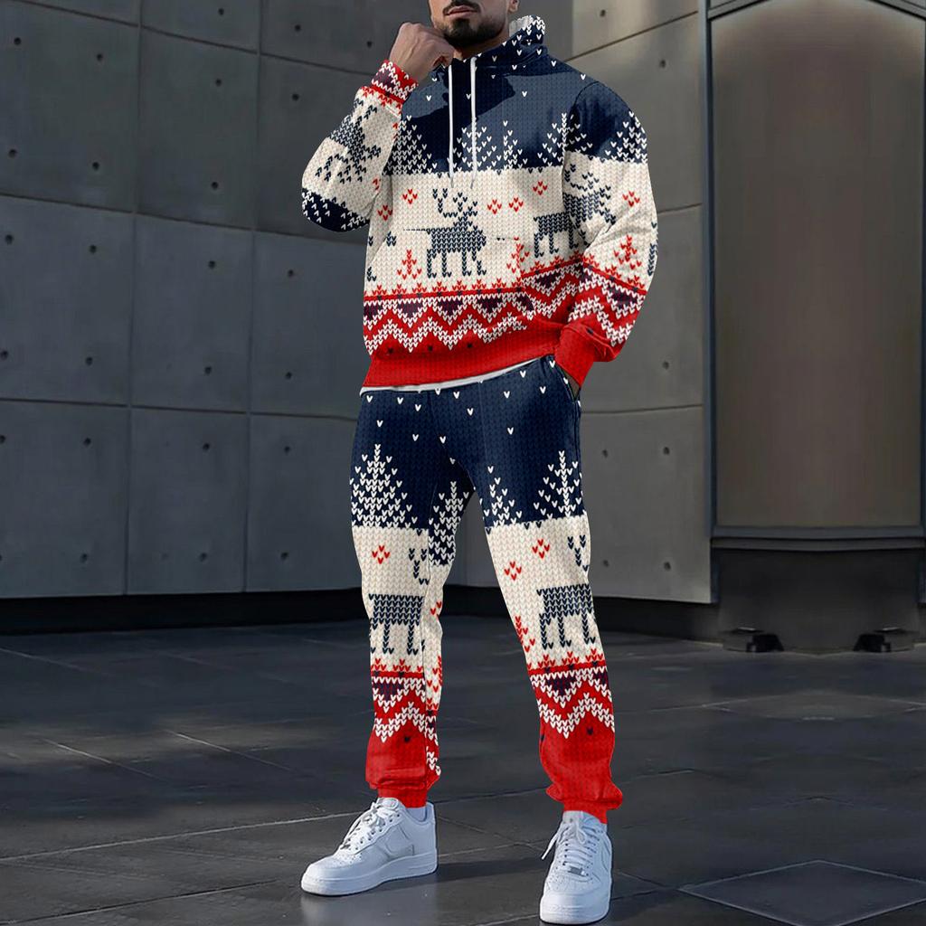 Мужские зимние рождественские принты с длинным рукавом толстовки с капюшоном толстовка брюки костюм