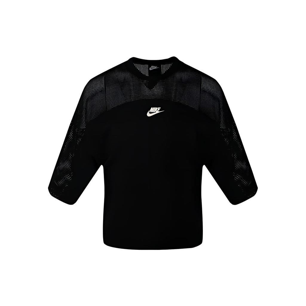 Nike Solid Color Logo Print Mesh Panel Crew Neck Long Sleeve Sweatshirt Women Tops Black AR2324-010