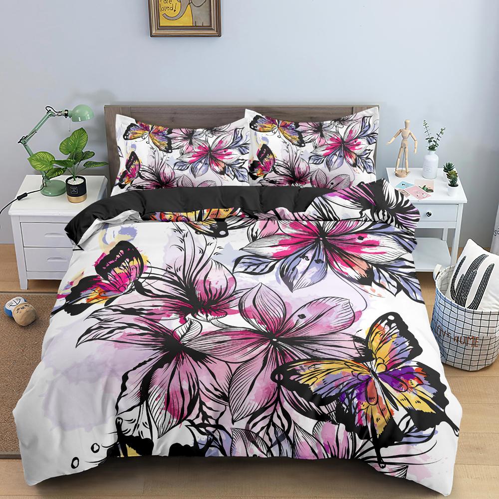 Butterfly Duvet Cover King Queen Size Animal Floral Bedding Set For Teens Adults Beautiful Flower 2/3pcs Polyester Quilt Cover