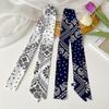 2Pcs, Two Navy Blue and White, 188 * 5cm, Thin and Narrow Long Silk Scarves, Versatile Cashew Nut Flowers In Summer, Tied Hair