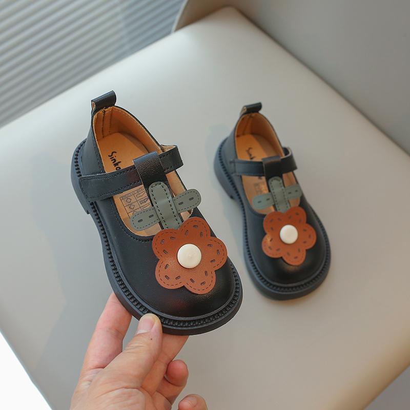 Baby Girls Leather Shoes Kids T-strap Flats with Sweet Flowers Toddlers Children Kindergarten School Princess Fashion Shoes Soft