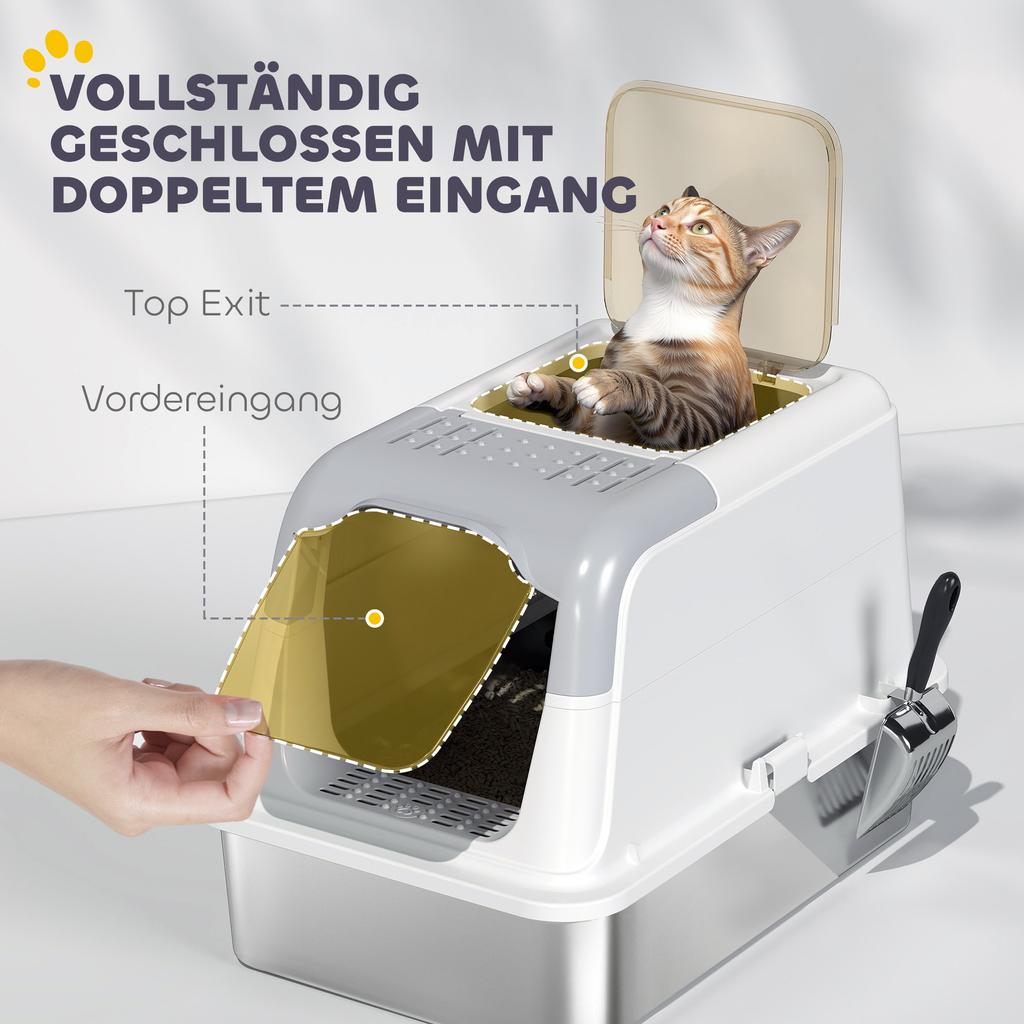 Extra Large Stainless Steel Litter Box, Enclosed Cat Litter Tray with Scoop, Deodorizer Bag, Front-Entry and Top-Exit
