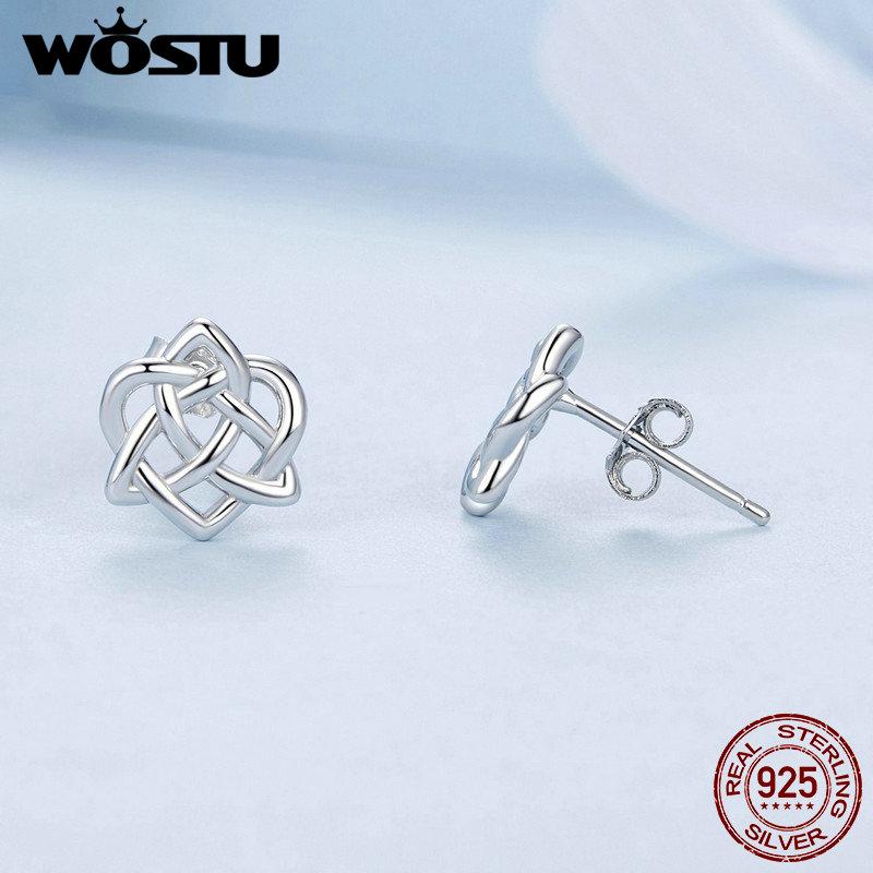 WOSTU 925 Sterling Silver Celtic Knot Stud Earrings for Women Hollow Studs Punk Accessories love Party Ring Jewelry Wedding Gift