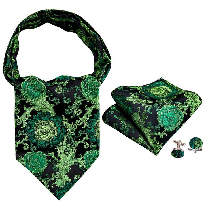 Barry.Wang Mens Ascot with Brooch Floral Jacquard Silk Cravat Tie Hanky Cufflinks Set