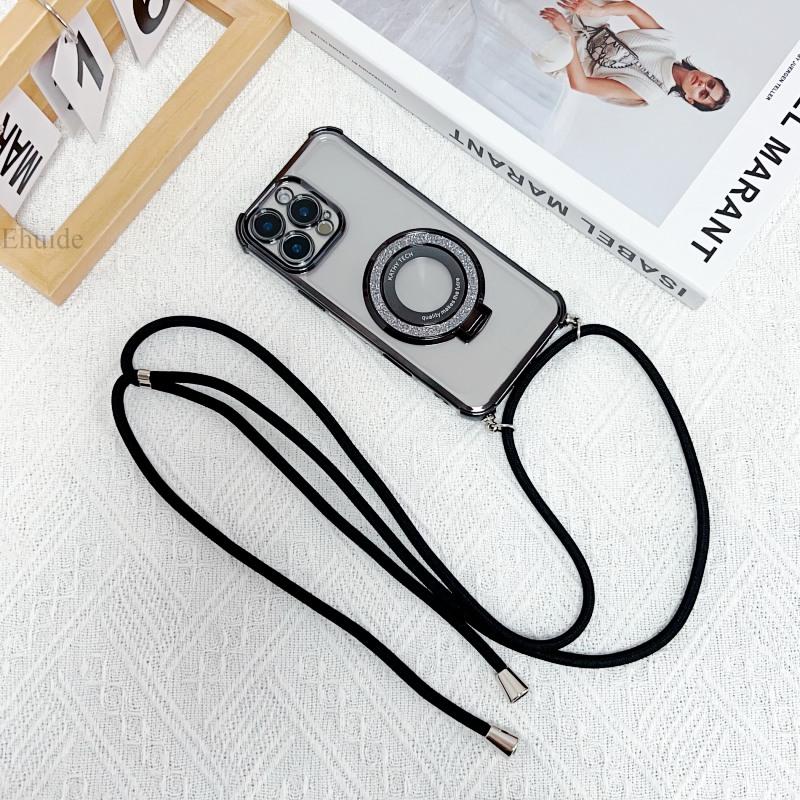 Magnetic Stand Lanyard Case For Samsung Galaxy A56 A36 A16 A26 A06 A55 A35 Plating Crossbody Strap Shockproof Soft Clear Cover