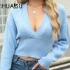 Women's Deep V-Neck Pullover Knit Sweater Autumn and Winter Bat Sleeve Loose Solid Colour Sweater Jacket