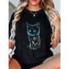 Black T Shirt Women Casual Loose Fit Graphic Print Cat With Blue Eyes And Neon Outline For Daily Wear And Street Style