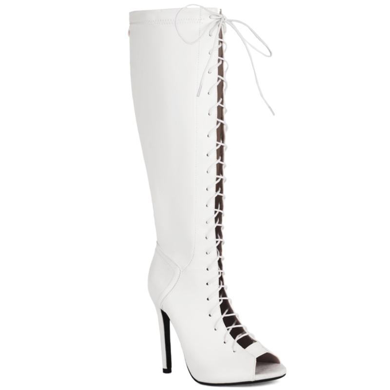 Fashion Women's Knee Thigh High Boot Sexy Lace-up Patent Red Black White Night-club Dance Fetish Party Shoes Lady Big Size 2024 Autumn