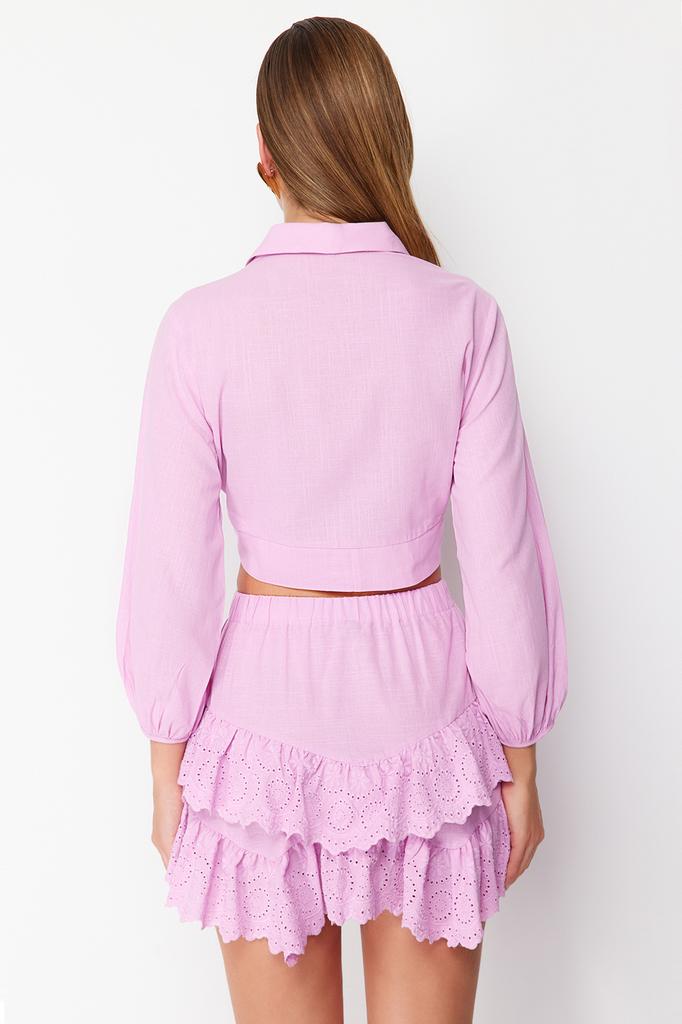 Women's Fashion New Blouse Pink Crop Woven Tie Up Blouse