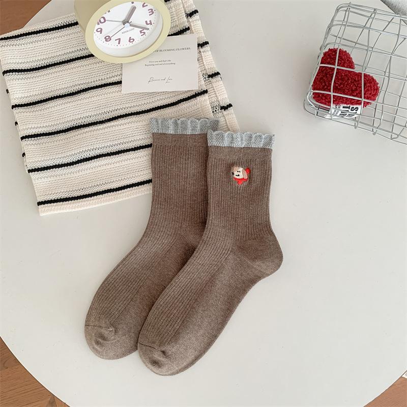 Dog Cartoon Embroidered Socks, Women's Pure Cotton Mid-calf Socks, Autumn and Winter Vertical Lace Socks, Versatile Casual Socks