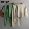 Women's Autumn and Winter Semi-high Neck Twisted Knit Set, Casual Sweater, Pullover, Two-piece Set