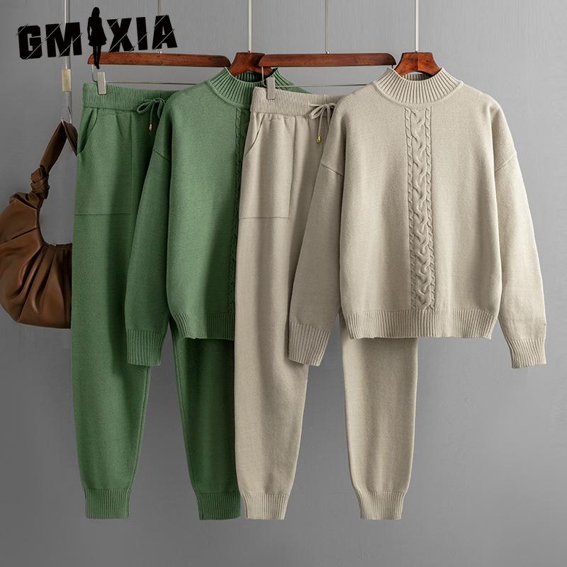 GMXIA Women's Autumn and Winter Semi-high Neck Twisted Knit Set, Casual Sweater, Pullover, Two-piece Set