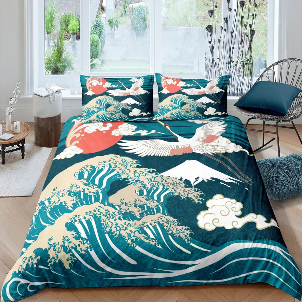 Пододеяльник с японским журавлем King Queen Size Wave Flower Ukiyo-e Style Комплект постельного белья Восточная культура 2/3 шт. Полиэстеровый пододеяльник