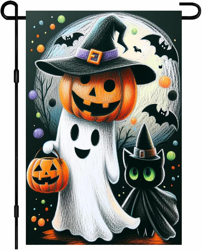BlissYard Halloween Garden ag 12x18 Inch Ghost Pumpkin and Black Cat Trick or Treat Yard ag Double Sided Cute Outdoor We