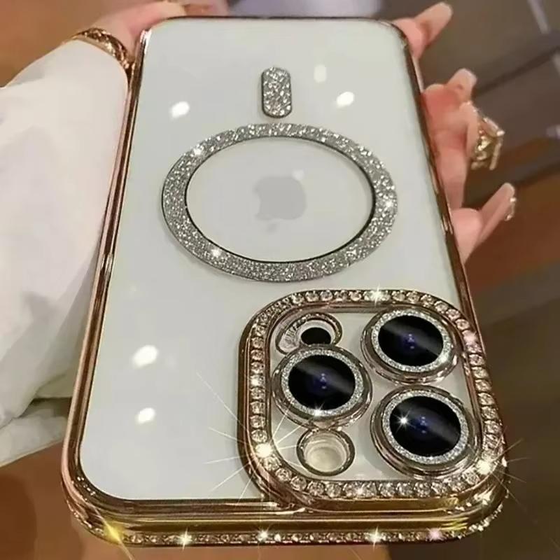 Мягкий Магнитный Беспроводной Заряд Алмазный Чехол для Телефона для iPhone 11 12 13 14 15 16 Pro Max Plus Блестящий Magsafe Бампер Задняя Крышка