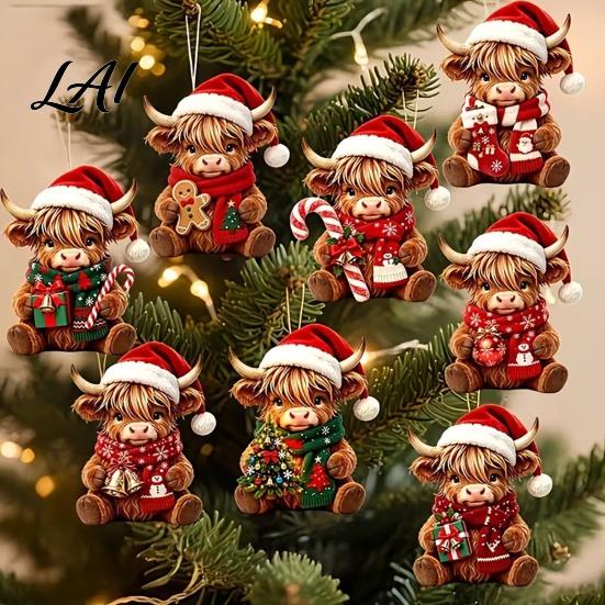 Personalized Holiday Tree Decor Highland Cow Christmas Ornament Set 2D Flat Wooden Animal Theme Gifts Hanging with String Party Decoration
