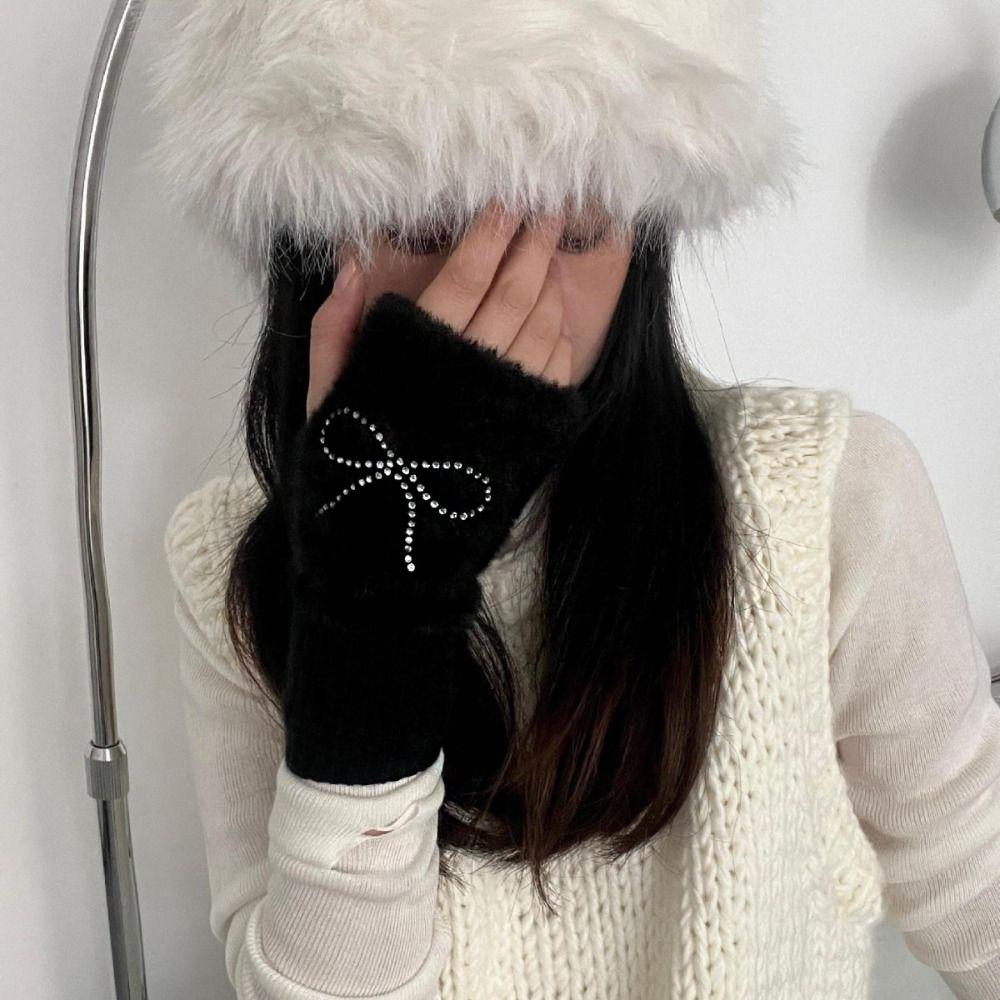 Hotfix Rhinestone Knitted Gloves Plush Half Finger Mittens Soft Bow Gloves Cycling