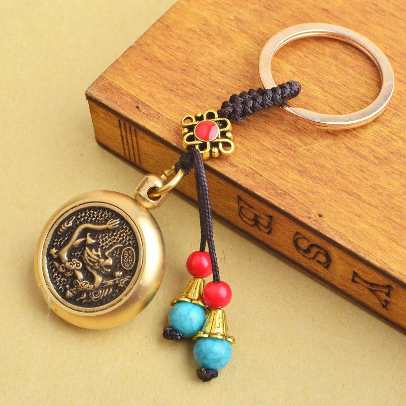 Brass Zodiac Wealth-Enhancing Car Keychain with Chinese Knot for Stress Relief