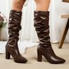 Retro Solid Brown Pu Knee-High Boots Women 2025 Winter Pointed Toe High Heel Western Cowboy Boots Slip On Long Booties Plus Size