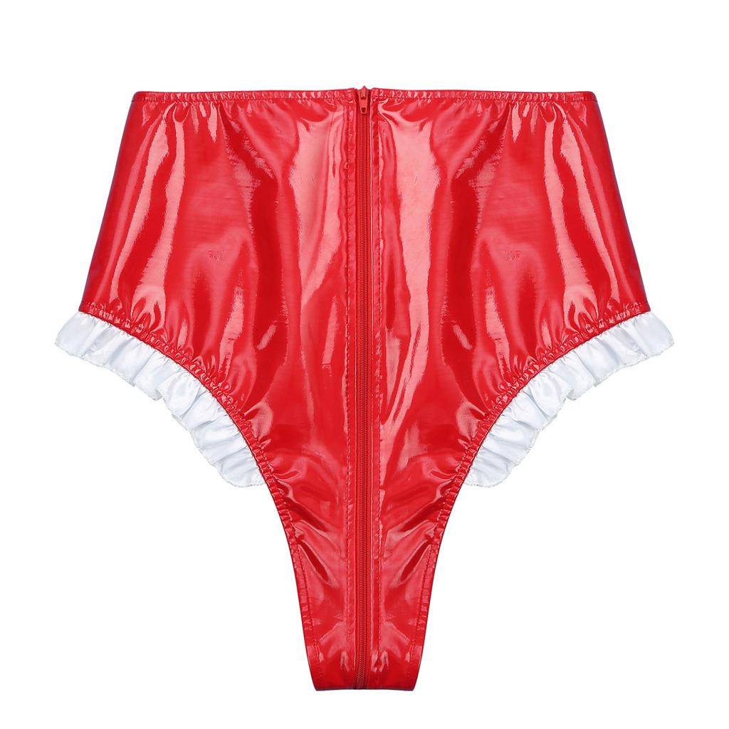 Женские блестящие лакированные трусики с оборками для горничной, трусы с высокой талией на шнуровке и молнией, нижнее белье для ночного клуба, ролевых игр