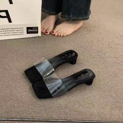 Французская интернет-знаменитость прозрачные крутые тапочки 2025 лето и осень новые толстый каблук сказочный стиль низкий каблук тапочки женская обувь