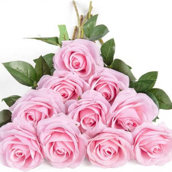 Artificial Rose Flower with Green Leaves Realistic Fake Silk Flower Branch Home Office Wedding Party Faux Bloom Decoration Table Centerpiece